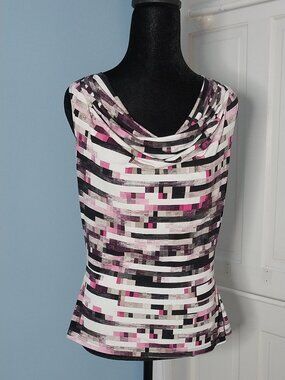 CALVIN KLEIN Black Pink Tan Geometric Printed Sleeveless Cowl Neck Shell Blouse